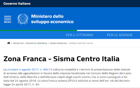 AGEVOLAZIONI FISCALI E CONTRIBUTIVE PER LE IMPRESE DELLE AREE COLPITE DAL SISMA . DOMANDE DAL 23 OTTOBRE AL 6 NOVEMBRE 2017